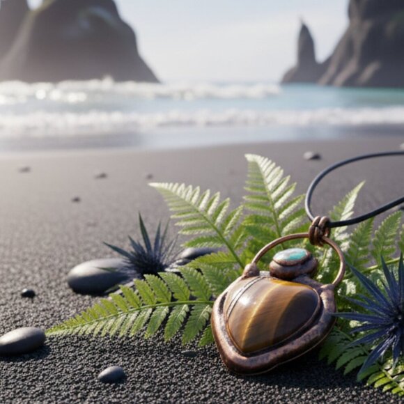 🆕️Boho Chic Copper Heart Pendant Necklace | Genuine Tiger's Eye & Abalone Shell - Picture 6 of 14